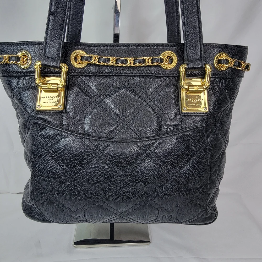 Metrocity Luxury Brand Black Quilted Tote‎ Bag with Gold Accents